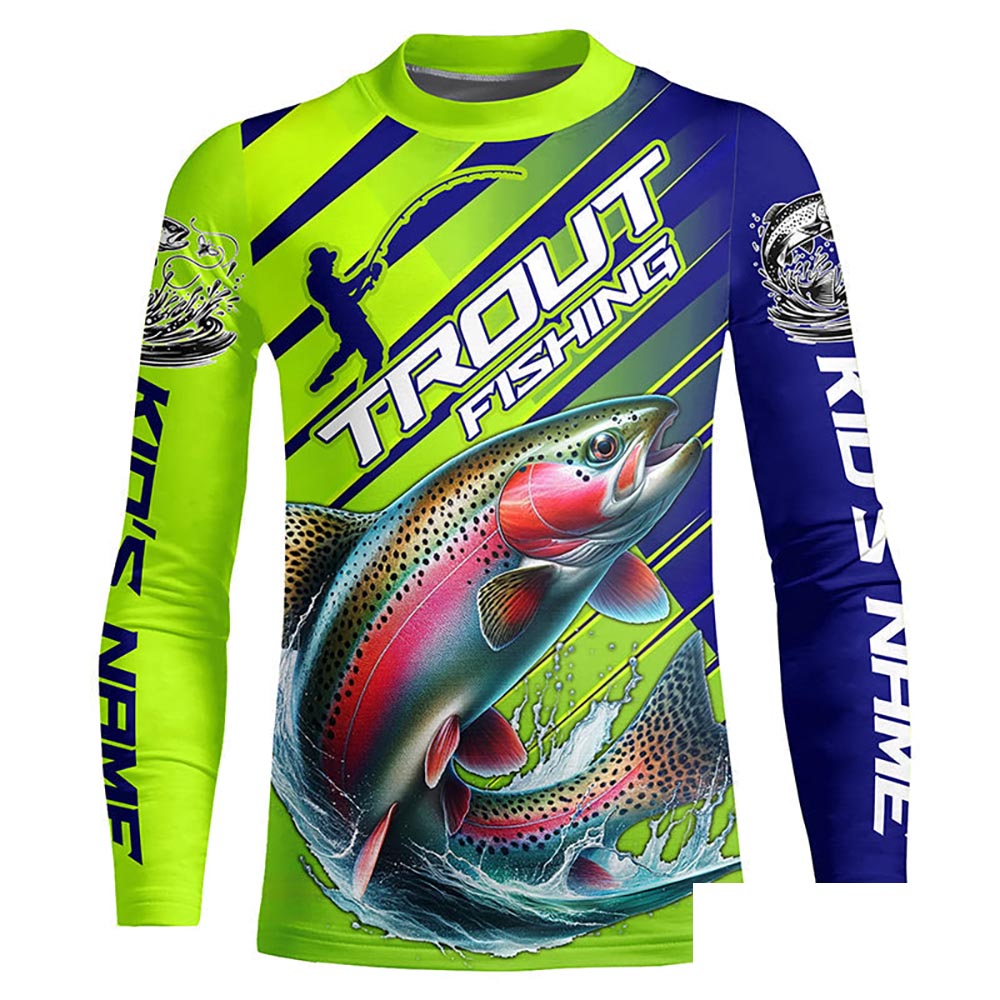 Rainbow Trout Custom Long Sleeve Fishing Shirts, Trout Fly Fishing Jerseys | Green And Blue IPHW6210