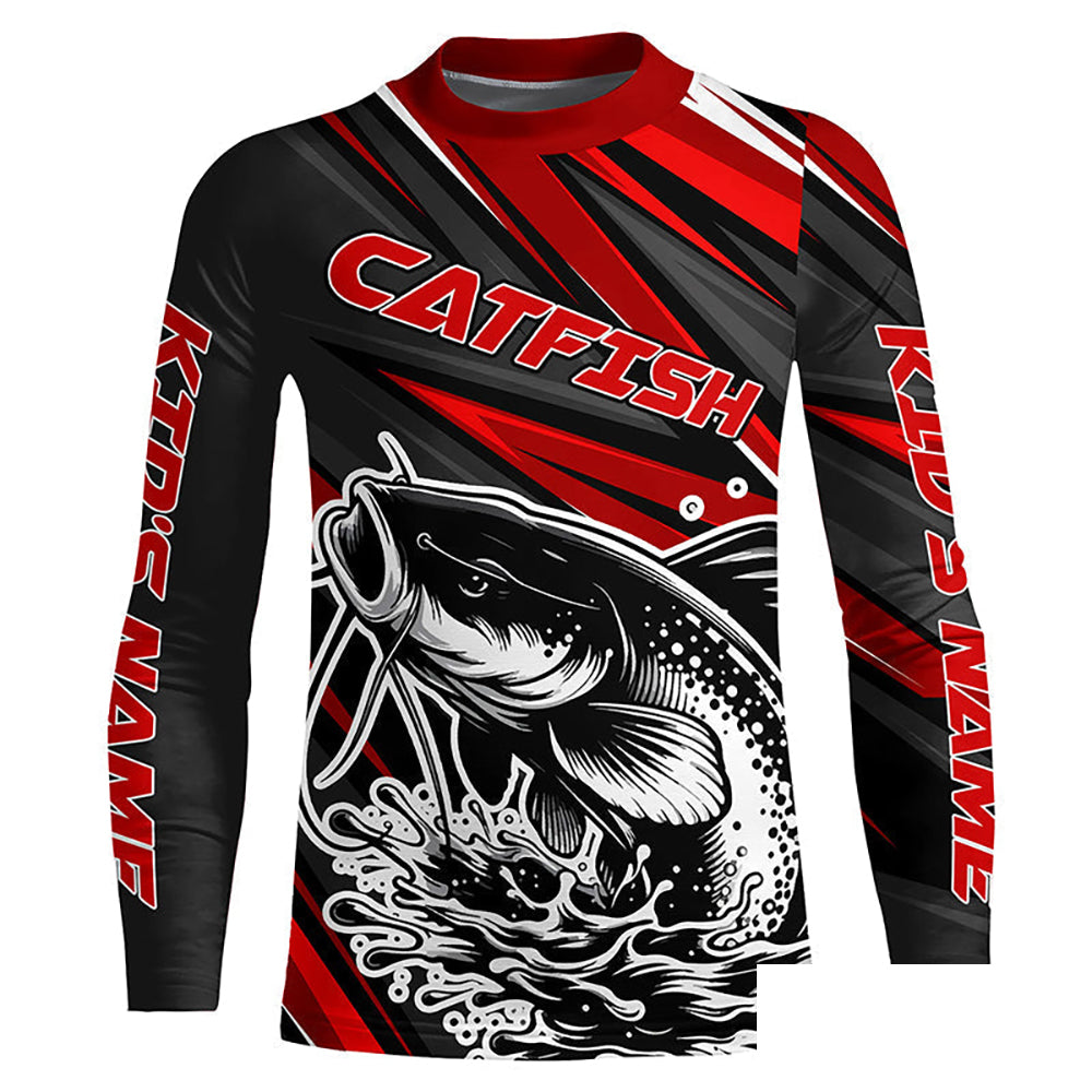 Black And Red Catfish Fishing Jerseys, Custom Catfish Fishing Long Sleeve Fishing Shirts IPHW7021