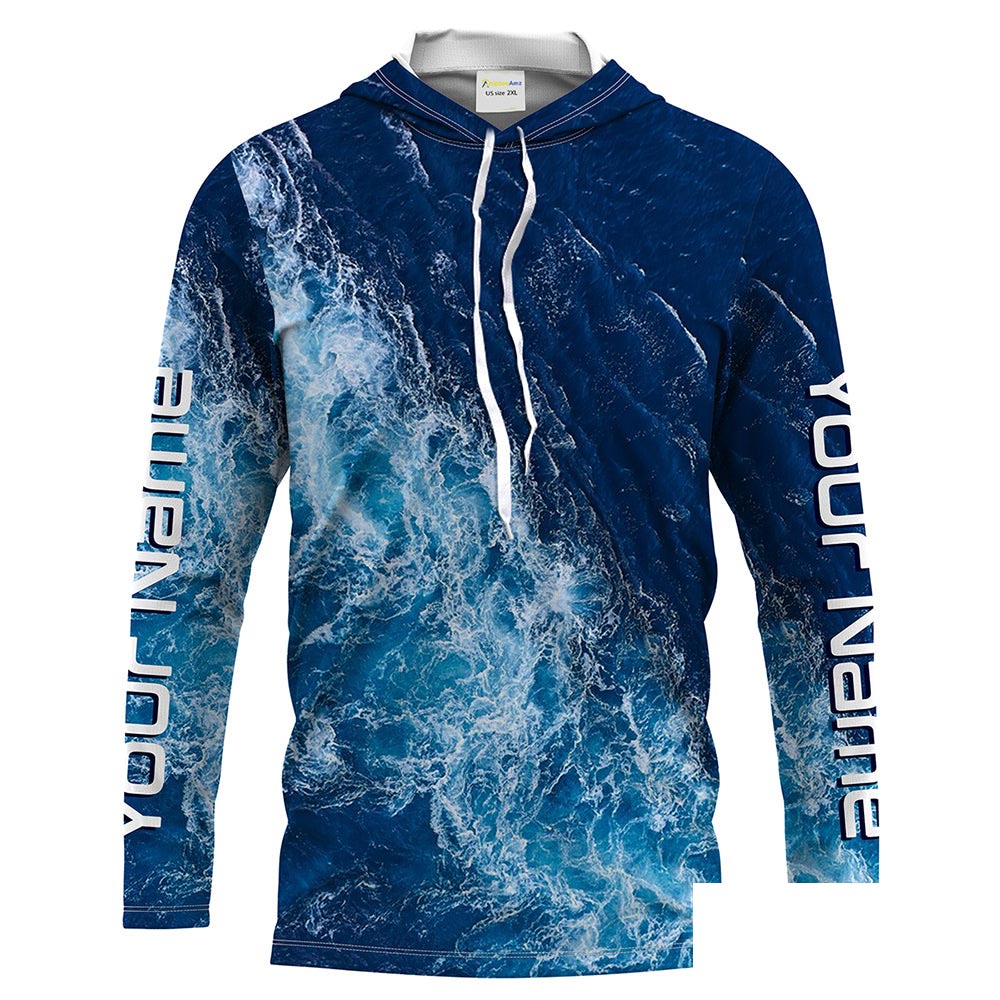 Custom Saltwater Long sleeve performance Fishing Shirts UV Protection, blue ocean sea wave Fishing apparel - HPW245