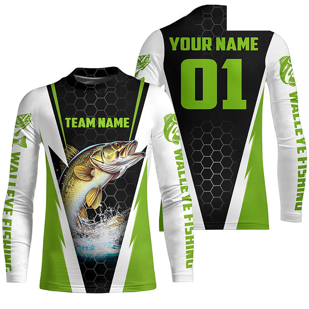 Walleye Fishing Long Sleeve Tournament Shirts For Fishing Team With Custom Name And Number | Green IPHW6236