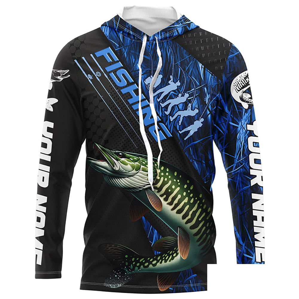 Custom Musky Fishing Long Sleeve Tournament Shirts, Musky Fisherman Jerseys | Blue Camo IPHW6249