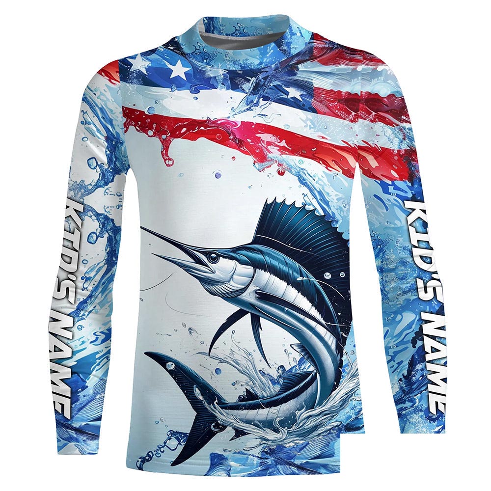 Personalized American Flag Sailfish Fishing Shirts, Patriotic Sailfish Long Sleeve Fishing Shirt IPHW6322