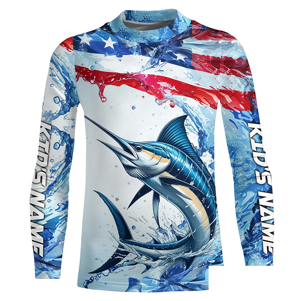 Personalized American Flag Marlin Fishing Shirts, Patriotic Marlin Long Sleeve Fishing Shirt IPHW6323