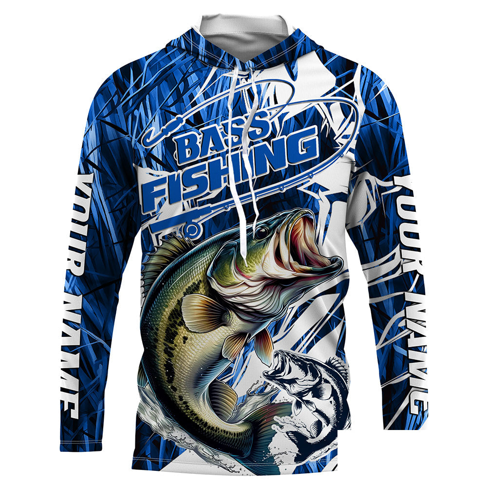Personalized Largemouth Bass Long Sleeve Performance Fishing Shirts, Bass Fishing Jersey | Blue Camo IPHW6364