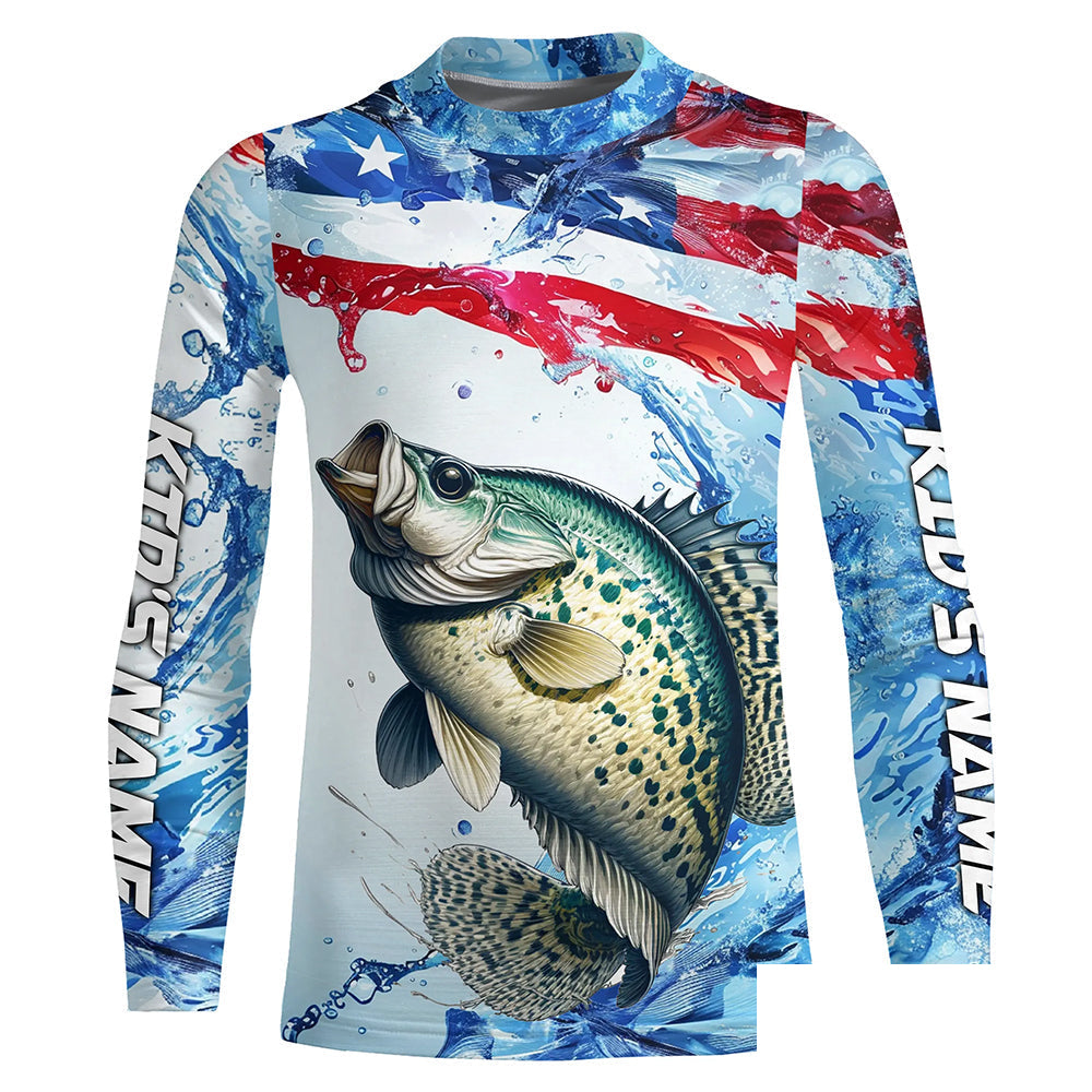 Personalized Patriotic Crappie Long Sleeve Fishing Shirts, American Flag Fishing Shirts IPHW7187