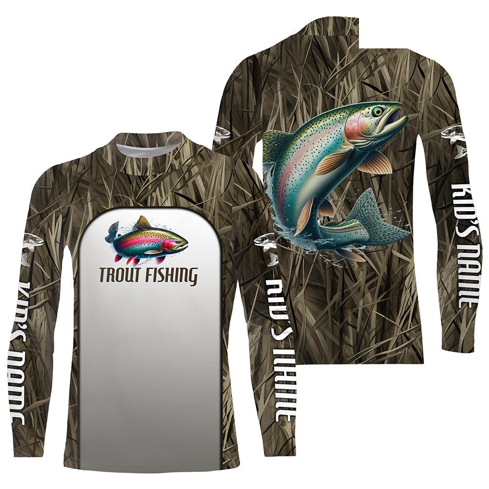 Rainbow Trout Fishing Grass Camo Custom Long Sleeve Fishing Shirts, Trout Tournament Fishing Jerseys IPHW6531