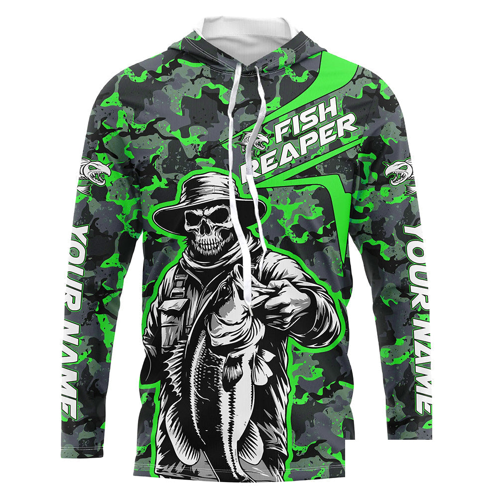 Custom Fish Reaper Skull Bass Long Sleeve Fishing Shirt, Bass Hunter Green Camo Fishing Jerseys IPHW5639