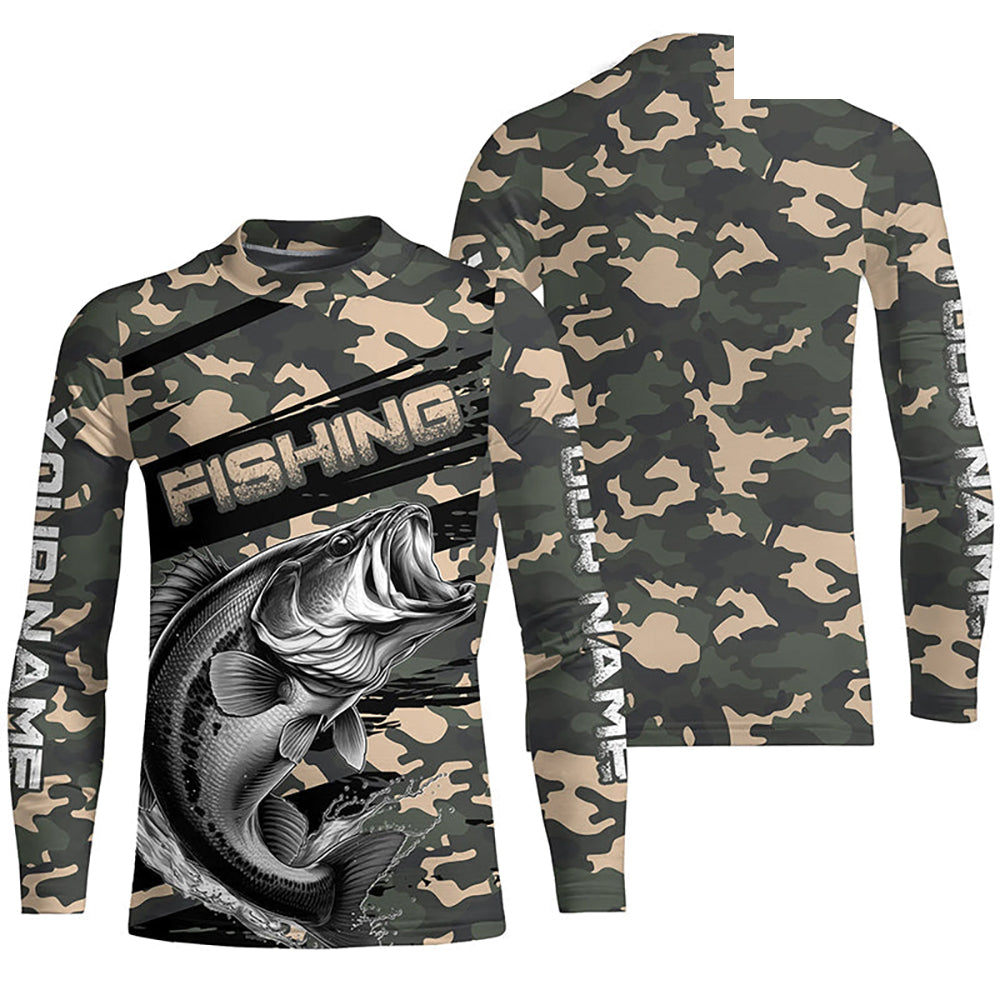 Largemouth Bass Fishing Camo Custom Long Sleeve Shirts, Patriotic Bass Fishing Jerseys IPHW6043
