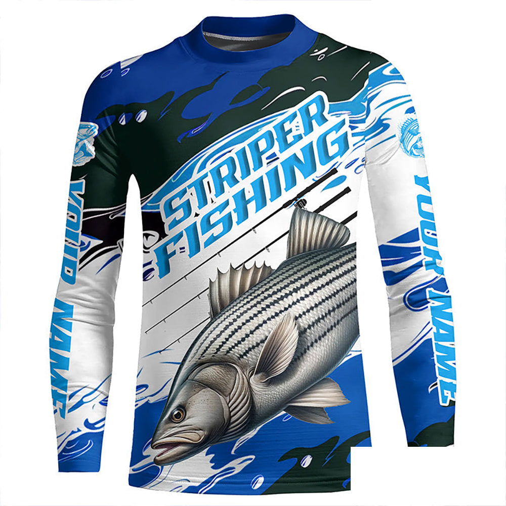 Striped Bass Fishing Custom Long Sleeve Performance Shirts, Striper Fishing Jerseys | Blue Camo IPHW6291