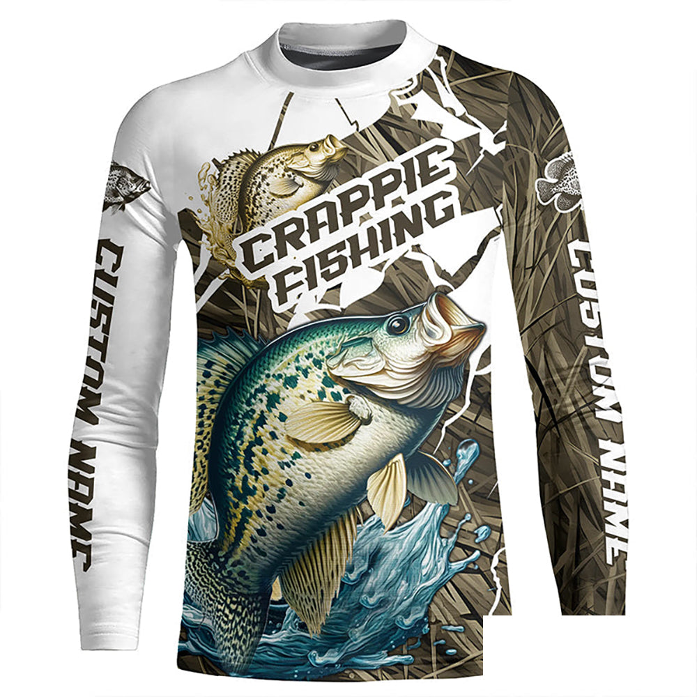 Custom Crappie Fishing Jerseys, Crappie Long Sleeve Fishing League Shirts | Grass Camo IPHW6363