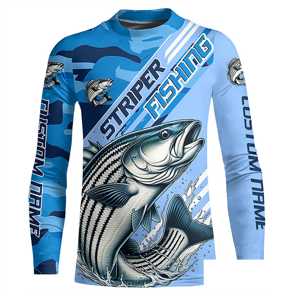 Custom Striped Bass Fishing Long Sleeve Shirts, Striper Saltwater Fishing Jerseys | Blue Camo IPHW6371