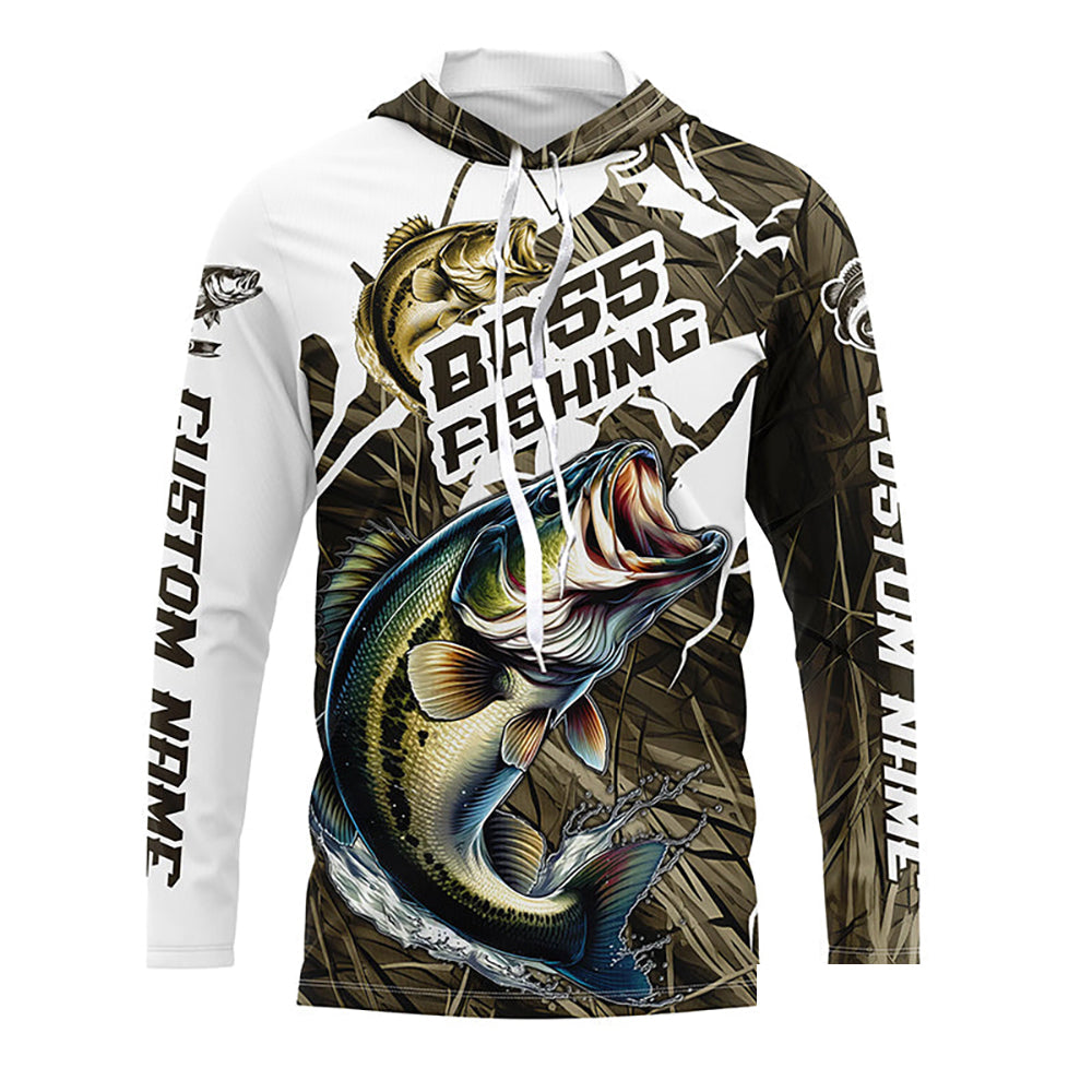 Largemouth Bass Fishing Custom Long Sleeve Tournament Shirts, Camouflage Bass Fishing Jerseys IPHW6625