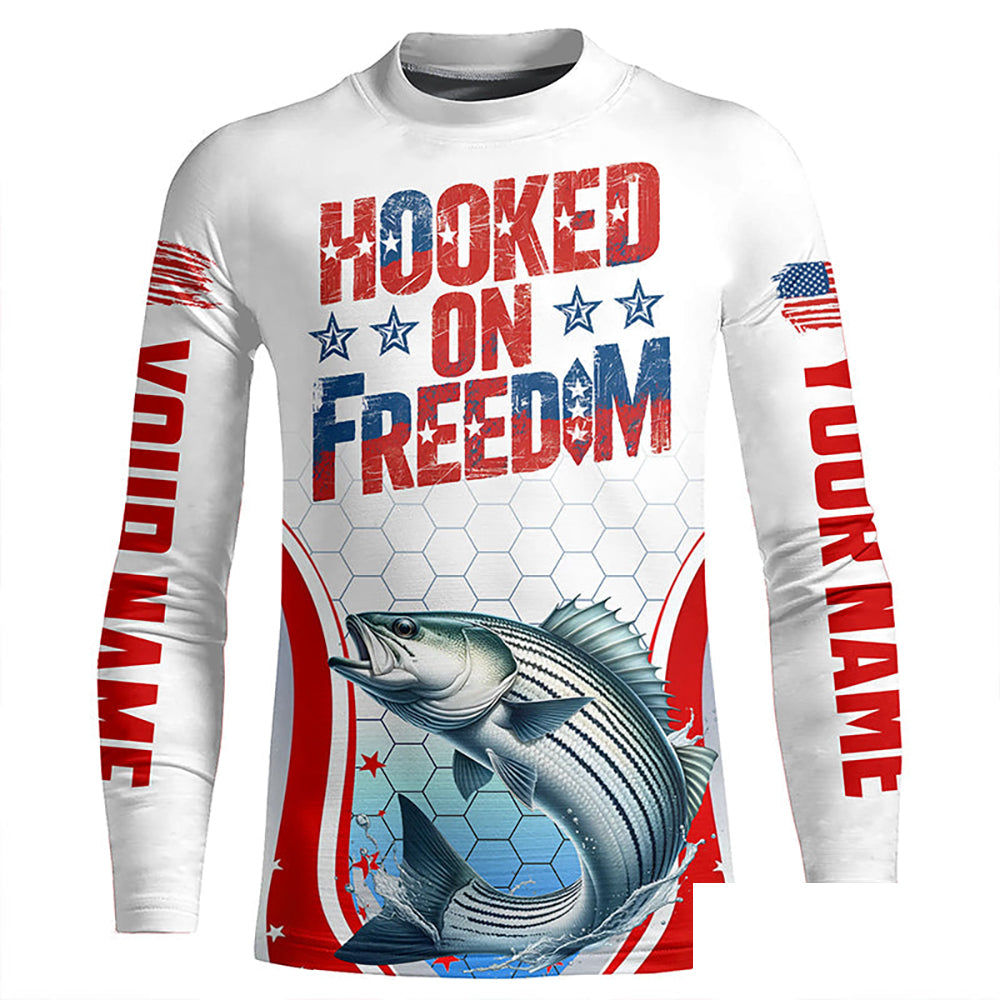 American Flag Striped Bass Custom Long Sleeve Fishing Shirts, Patriotic Fishing Jerseys IPHW6814
