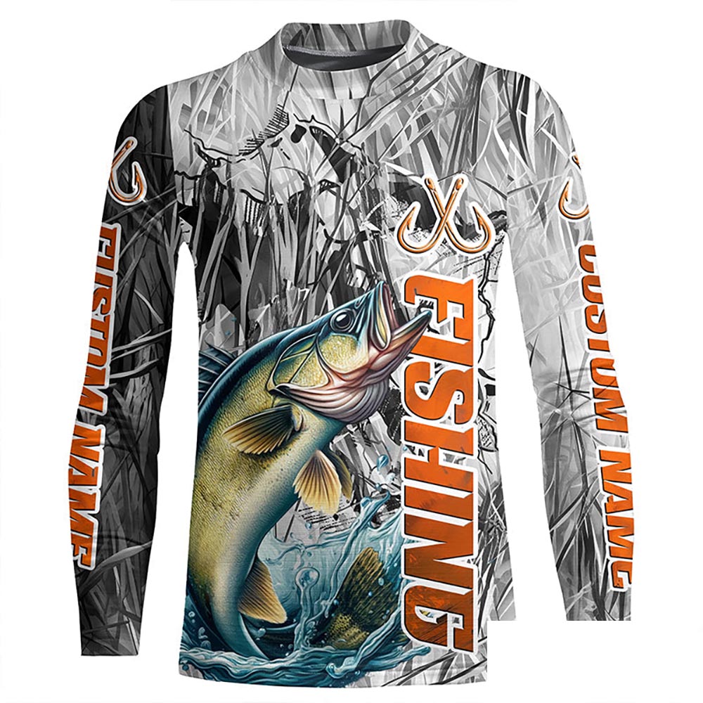 Walleye Fishing Custom Long Sleeve Tournament Fishing Shirts, Gray Camo Walleye Fishing Jerseys IPHW6464