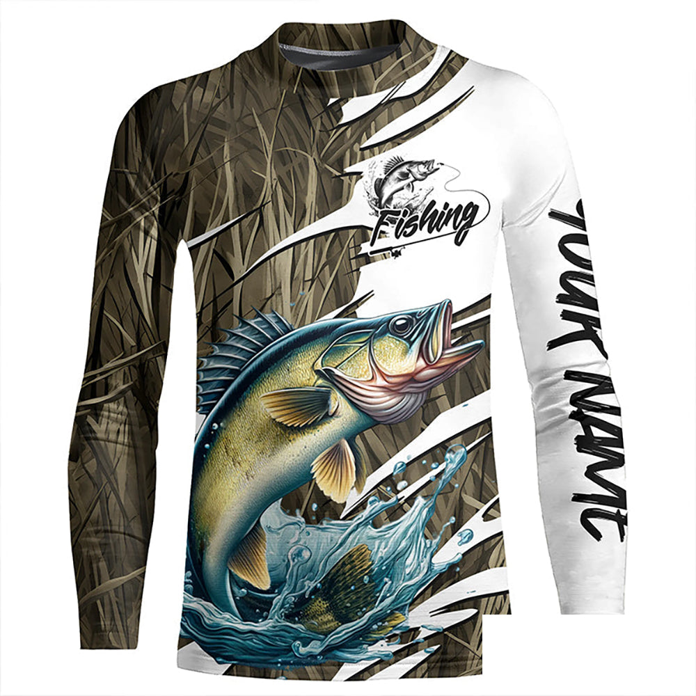 Walleye Fishing Custom Camo Long Sleeve Fishing Shirts, Walleye Fishing Tournament Apparel IPHW7196