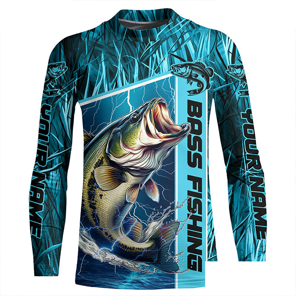 Custom Teal Blue Camo Bass Long Sleeve Tournament Fishing Shirts, Bass Fishing Jerseys IPHW5826