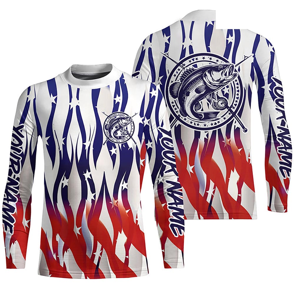 Flaming American Flag Custom Bass Long Sleeve Fishing Shirts, Patriotic Bass Fishing Jerseys IPHW5979