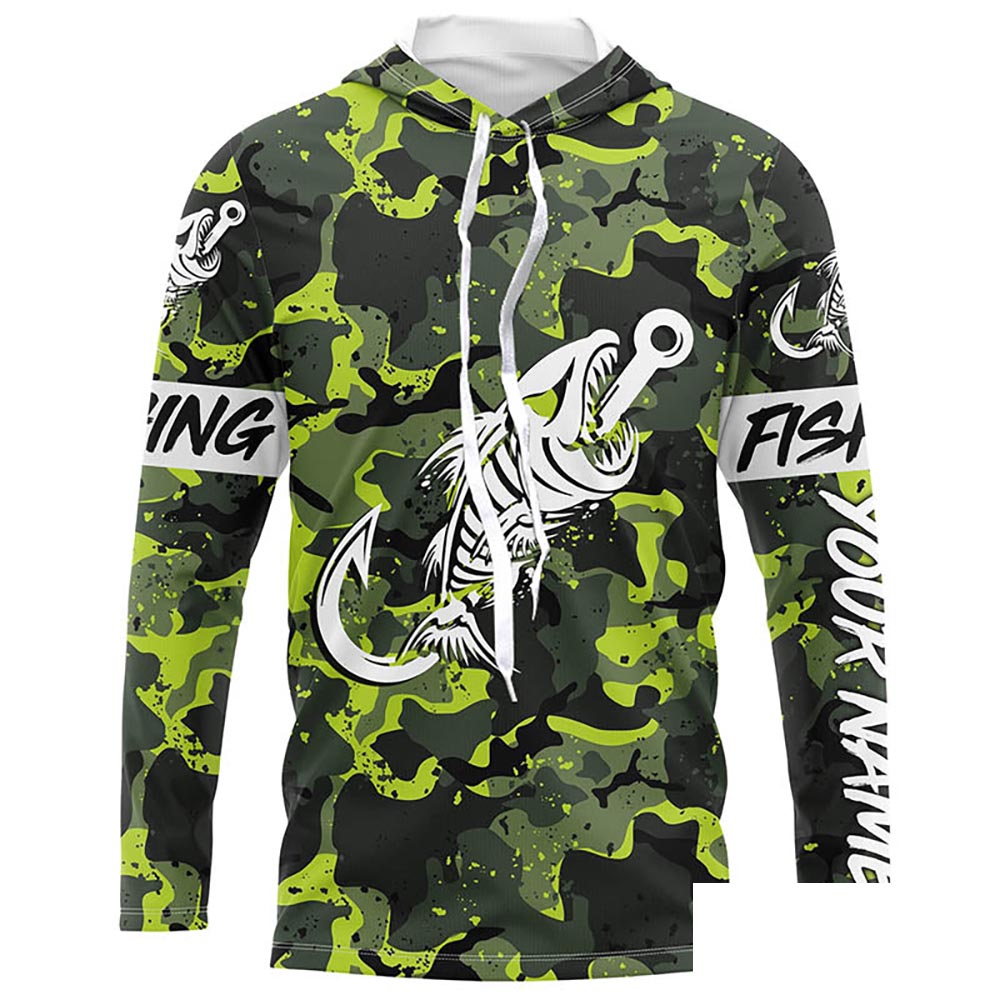 Fish hook skull Green Camo fish reaper Custom name fishing jerseys | Long sleeve, Long Sleeve Hooded NPQ838