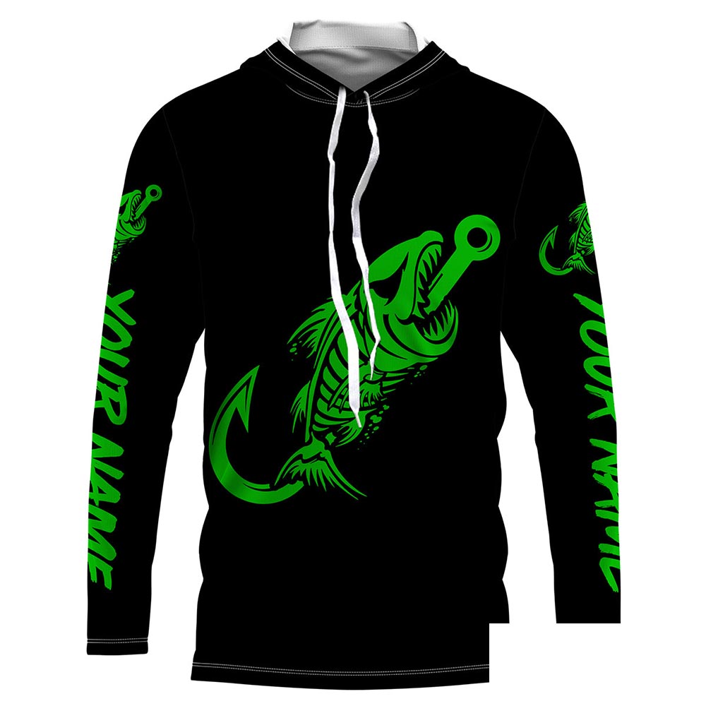 Fish hook skull reaper green black Custom fishing Long sleeve, Long Sleeve Hooded NPQ806