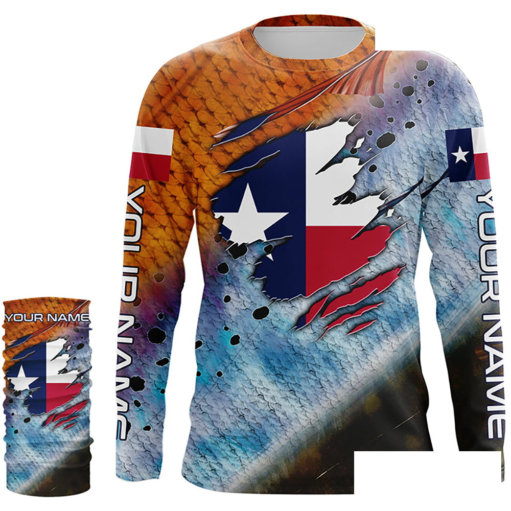 Texas slam redfish trout flounder scales Texas flag Custom patriotic fishing long sleeve shirts NQS6813