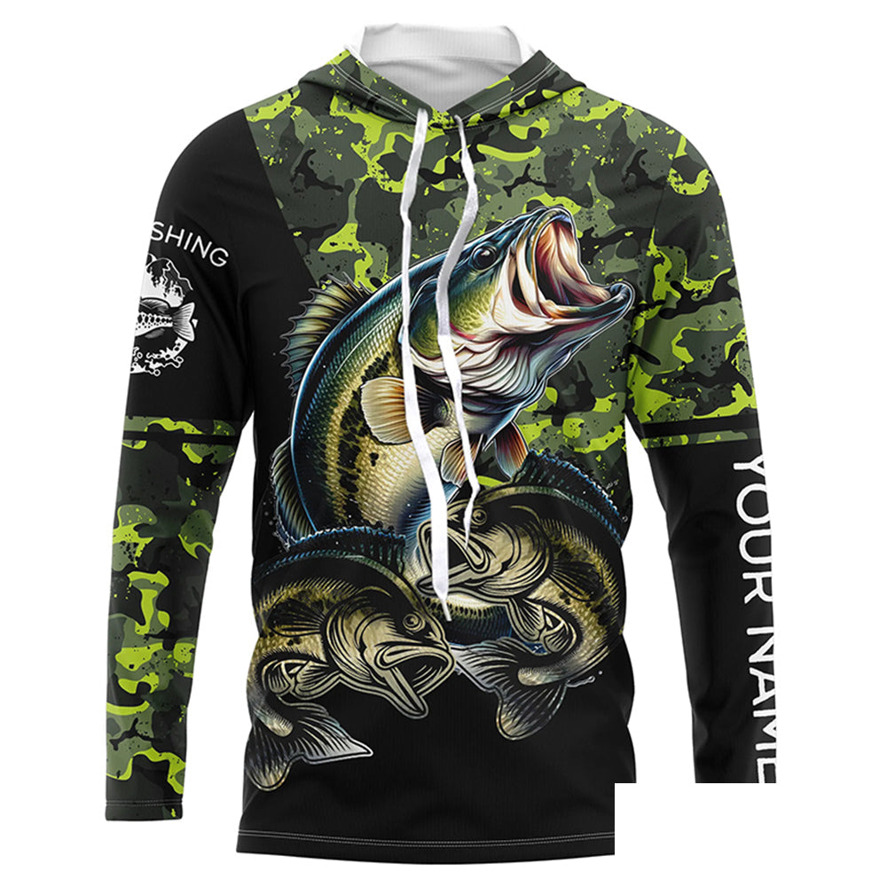 Bass fishing black green camo Custom name Long sleeve, Long Sleeve Hooded NPQ925