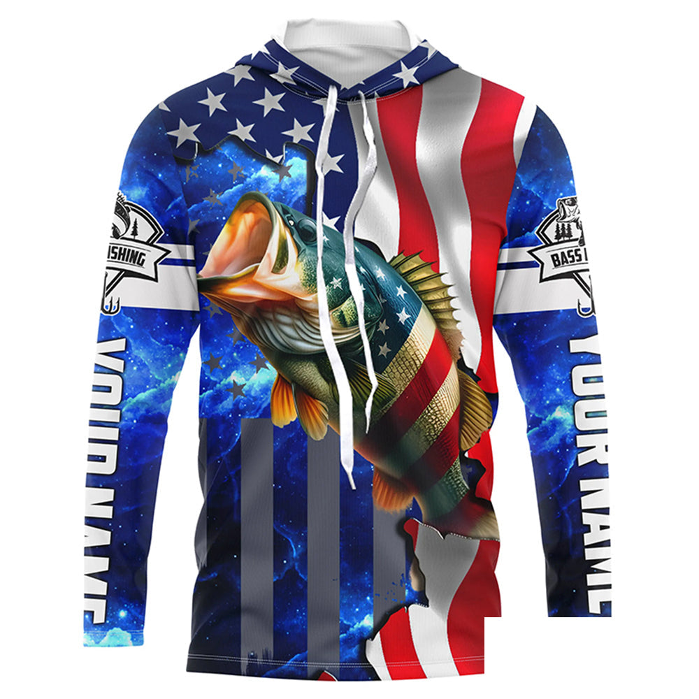 Bass Fishing American Flag patriotic UV protection Custom name long sleeves fishing shirt for men NPQ2