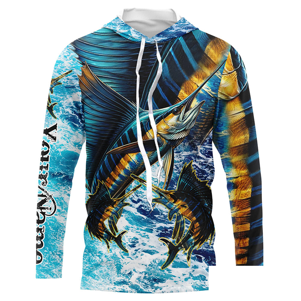 Personalized Sailfish fishing scales blue sea water camo long sleeve Fishing Shirts NQS7097