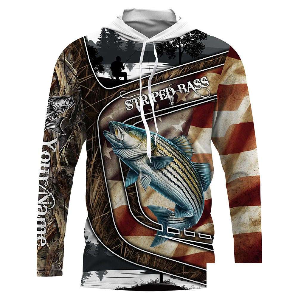 American Flag patriotic Striped Bass Fishing Jerseys, Custom camo striper fishing Long sleeve shirts NQS4857