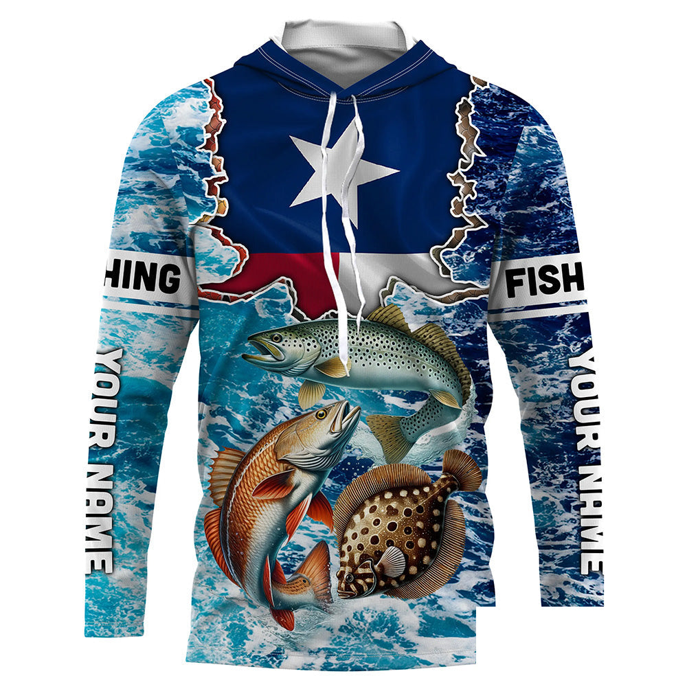 Texas Flag Redfish, trout, flounder inshore blue camo custom long sleeves performance fishing shirts NQS5464