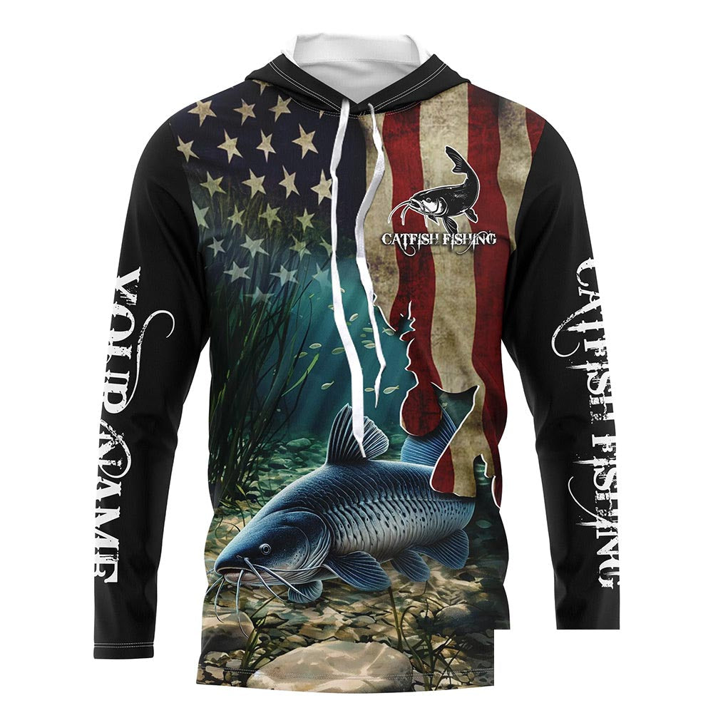 Catfish Fishing 3D American Flag Patriotic Customize name fishing Long Sleeve shirts NQS484