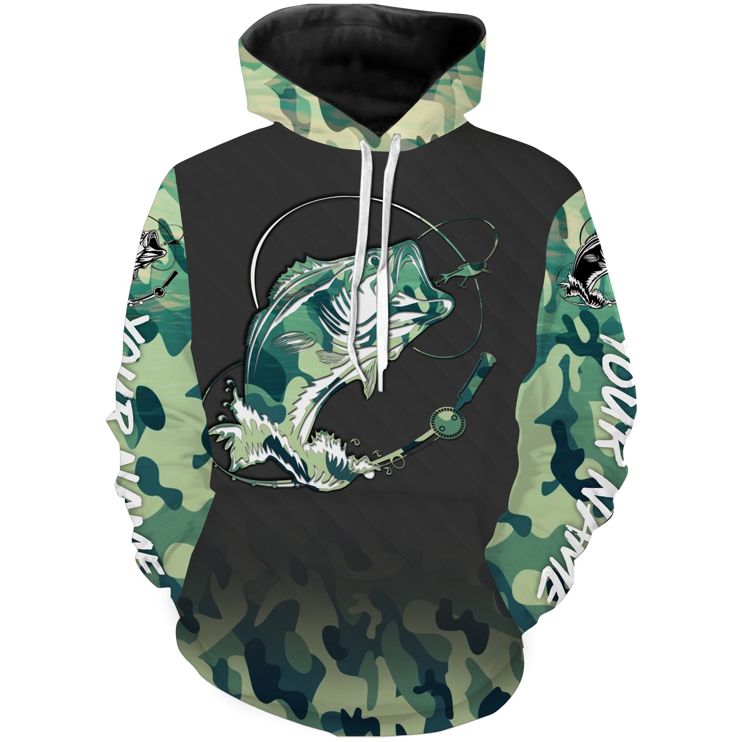 Bass Fishing Bass tattoo green camouflage Customize name 3D All Over Printed fishing hoodie TMTS039