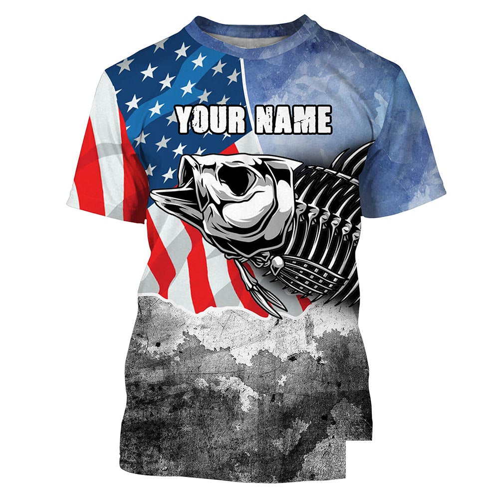 Bass Fishing Bass Skeleton American Flag Fishing custom name T-shirt, fishing gifts - HVFS022