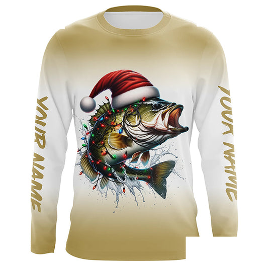 Christmas Lights String Bass Christmas Fishing Shirts With Customized Name, Xmas Fishing Gifts IPHW5584