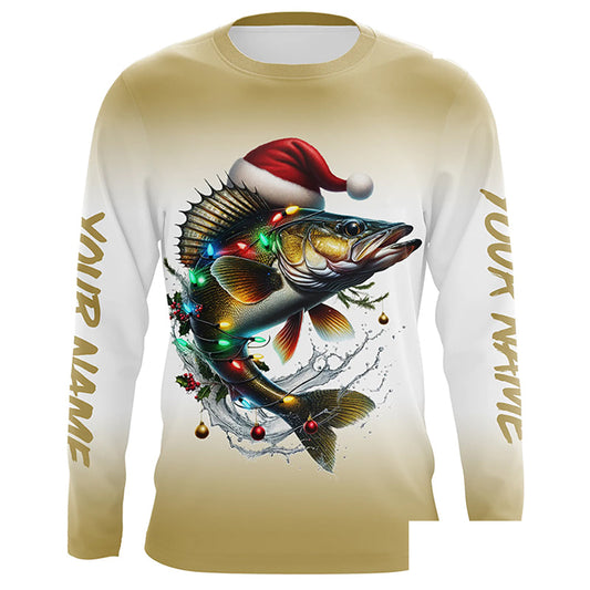 Christmas Lights String Walleye Christmas Fishing Shirts With Customized Name, Xmas Fishing Gifts IPHW5585