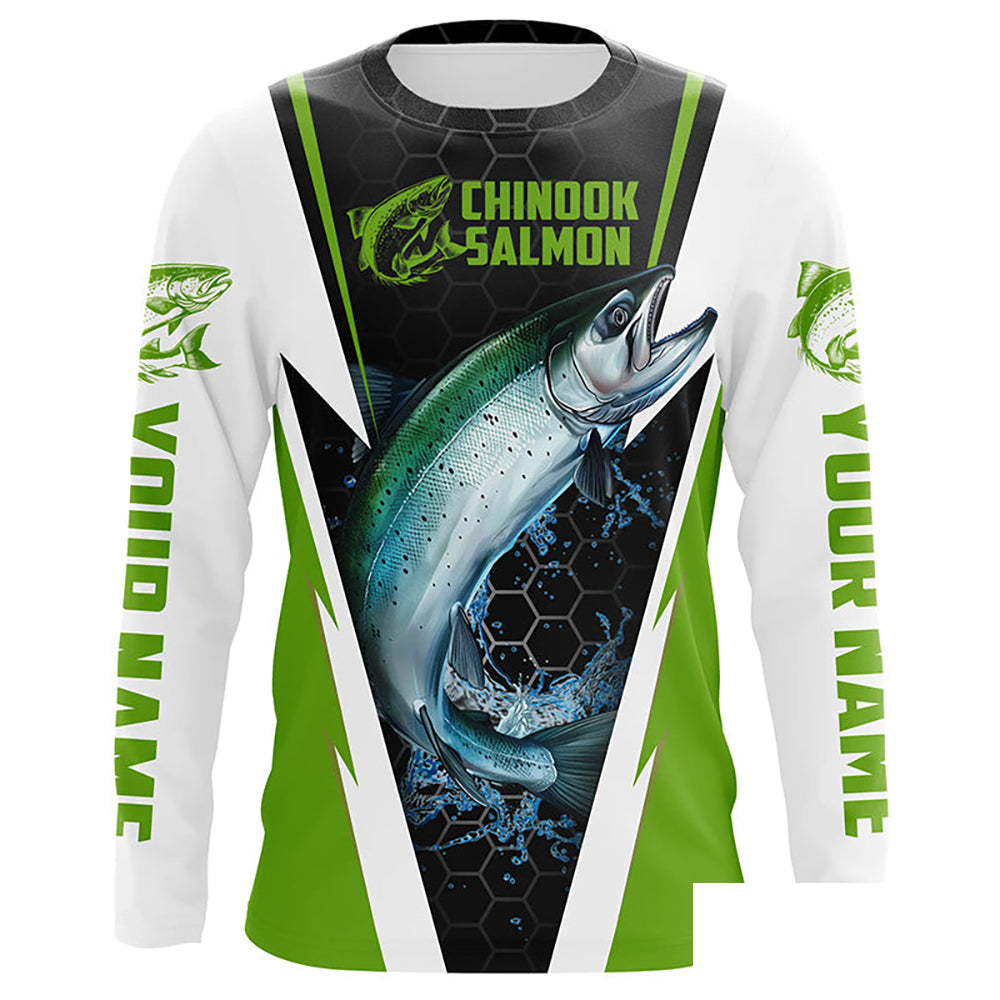 Custom Chinook King Salmon Fishing Jerseys, Salmon Long Sleeve Tournament Fishing Shirts | Green IPHW6065