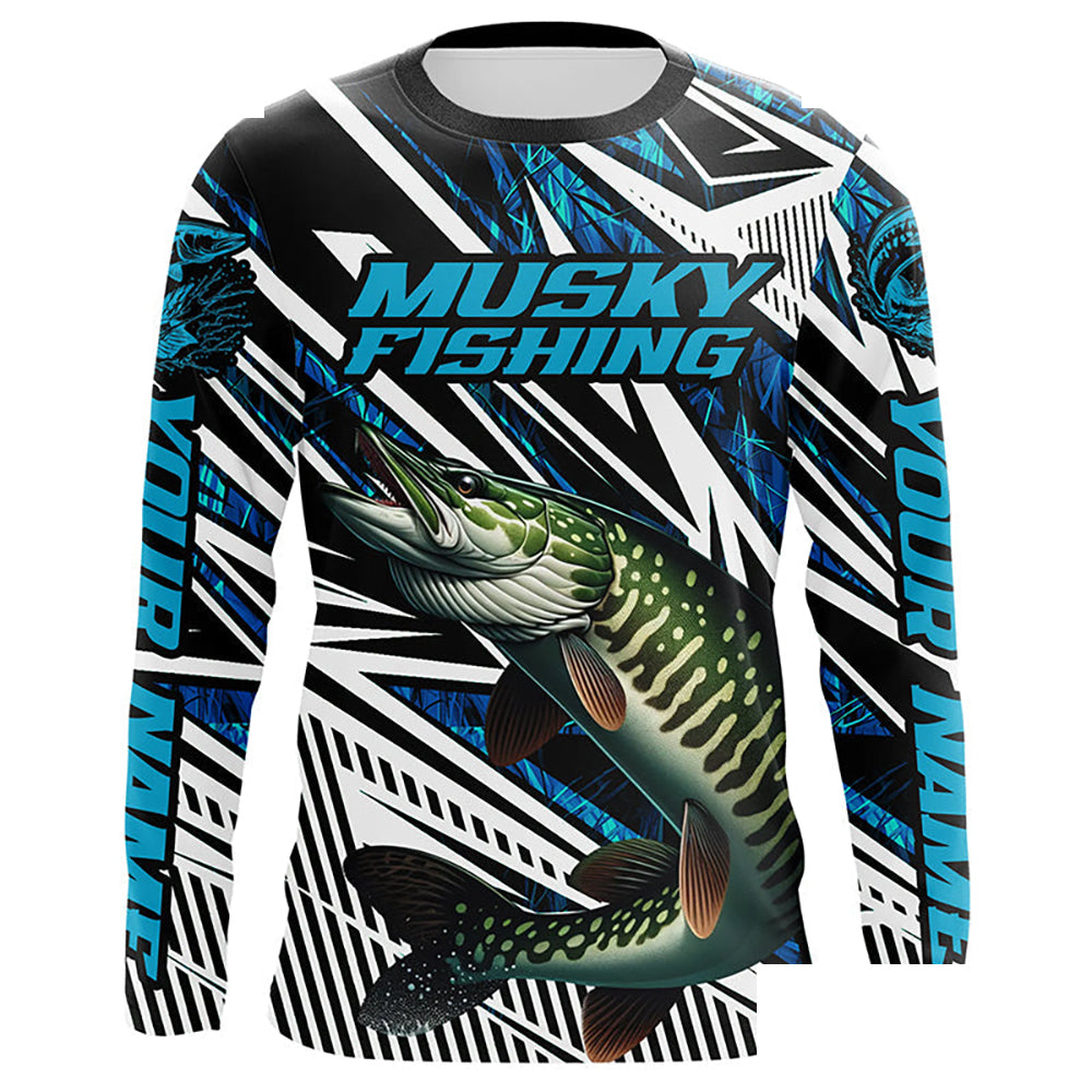 Musky Fishing Custom Long Sleeve Tournament Shirts, Blue Grass Camo Musky Fishing Jerseys IPHW6088