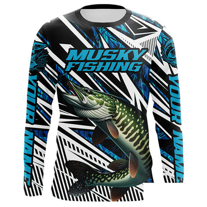 Musky Fishing Custom Long Sleeve Tournament Shirts, Blue Grass Camo Musky Fishing Jerseys IPHW6088