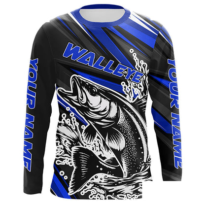 Personalized Walleye Fishing Jerseys, Walleye Fishing Long Sleeve Tournament Fishing Shirts | Blue IPHW5788
