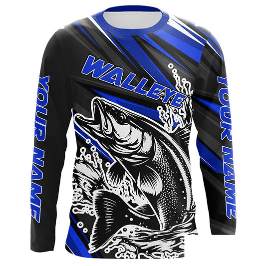 Personalized Walleye Fishing Jerseys, Walleye Fishing Long Sleeve Tournament Fishing Shirts | Blue IPHW5788
