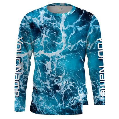 Custom Saltwater Long sleeve Fishing Shirts UV Protection, Sea wave camo Fishing Shirts - IPHW1329