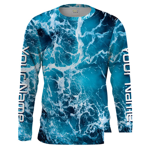 Custom Saltwater Long sleeve Fishing Shirts UV Protection, Sea wave camo Fishing Shirts - IPHW1329