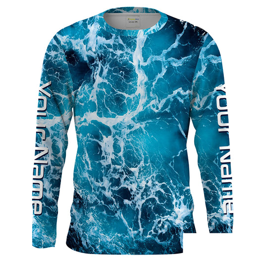 Custom Saltwater Long sleeve Fishing Shirts UV Protection, Sea wave camo Fishing Shirts - IPHW1329