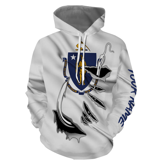 Massachusetts Flag Fish Hook Custom All over print Hoodie Fishing Shirts - HPW334