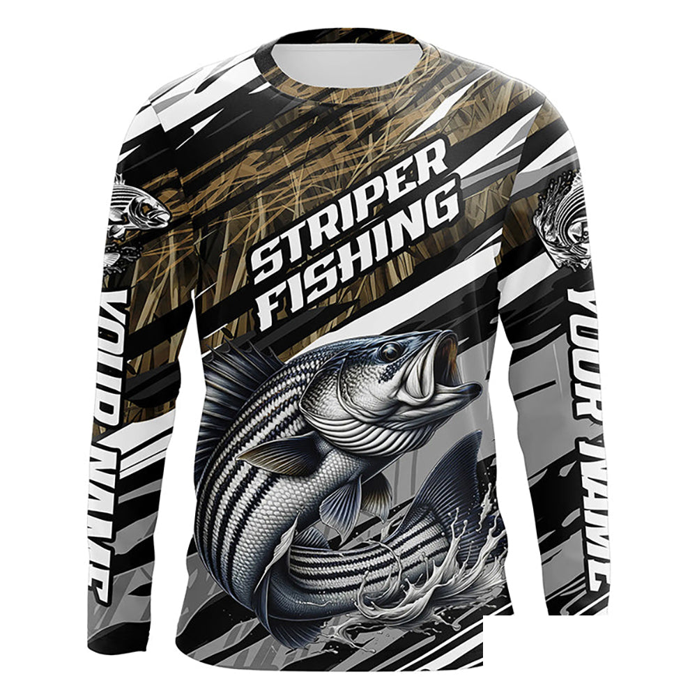 Striped Bass Fishing Camo Long Sleeve Fishing Shirts, Custom Striper Tournament Fishing Jerseys IPHW5954
