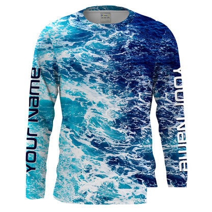 Custom Saltwater Long sleeve Fishing Shirts UV Protection, Sea wave camo Fishing Shirts - HPW179