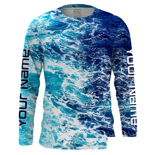 Custom Saltwater Long sleeve Fishing Shirts UV Protection, Sea wave camo Fishing Shirts - HPW179