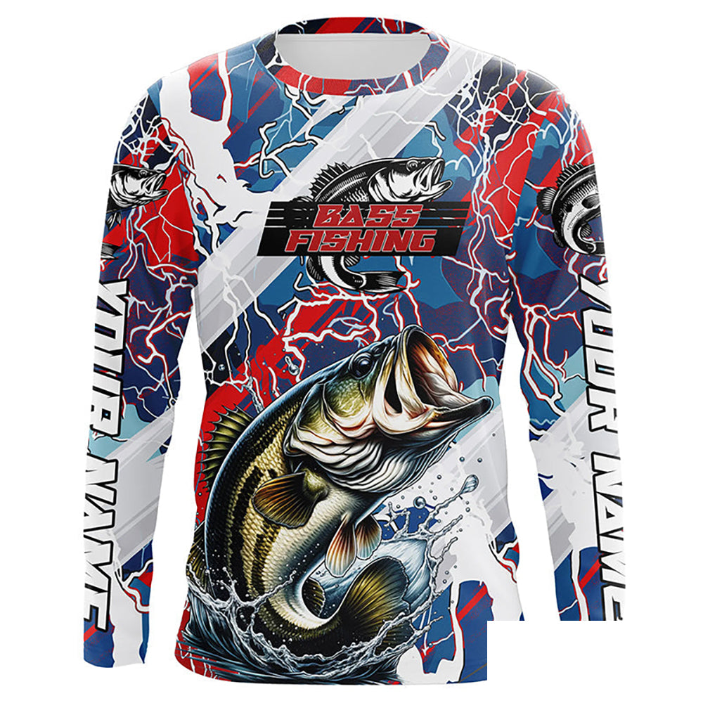 Red, White And Blue Lightning Camo Custom Largemouth Bass Long Sleeve Tournament Fishing Shirts IPHW6029