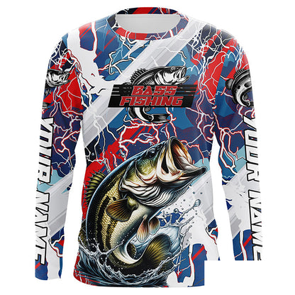 Red, White And Blue Lightning Camo Custom Largemouth Bass Long Sleeve Tournament Fishing Shirts IPHW6029