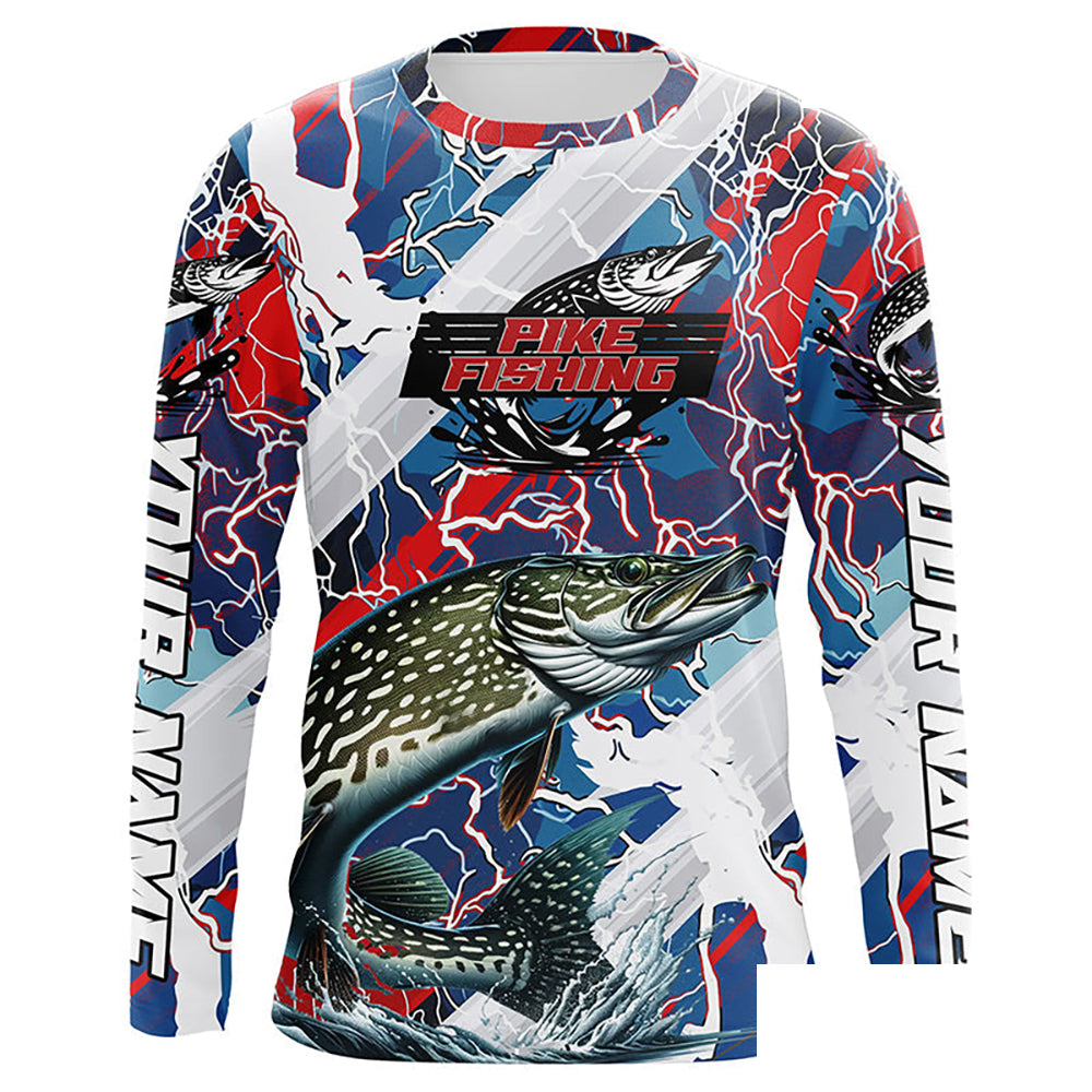 Red, White And Blue Lightning Camo Custom Pike Long Sleeve Tournament Fishing Shirts IPHW6030