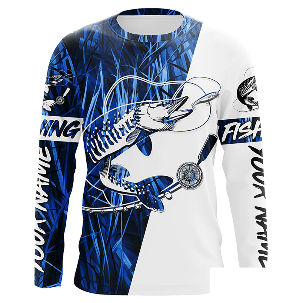 Musky Fishing Tattoo Blue Grass Camo Custom Long Sleeve Tournament Shirts, Muskie Fishing Jerseys IPHW6294